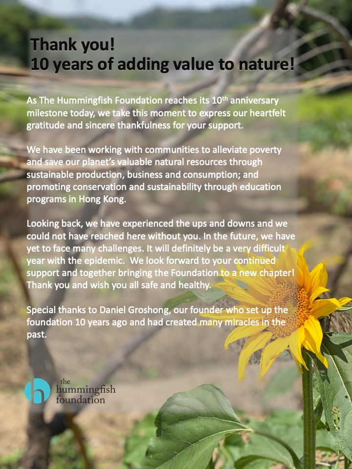 10 years of adding value to nature!

As The Hummingfish Foundation reaches its 10th anniversary milestone today, we take this moment to express our heartfelt gratitude and sincere thankfulness for your support. 

We have been working with communities to alleviate poverty and save our planet’s valuable natural resources through sustainable production, business and consumption; and promoting conservation and sustainability through education programs in Hong Kong. 

Looking back, we have experienced the ups and downs and we could not have reached here without you. In the future, we have yet to face many challenges. It will definitely be a very difficult year with the epidemic.  We look forward to your continued support and together bringing the Foundation to a new chapter! Thank you and wish you all safe and healthy.

Special thanks to Daniel Groshong, our founder who set up the foundation 10 years ago and had created many miracles in the past.
